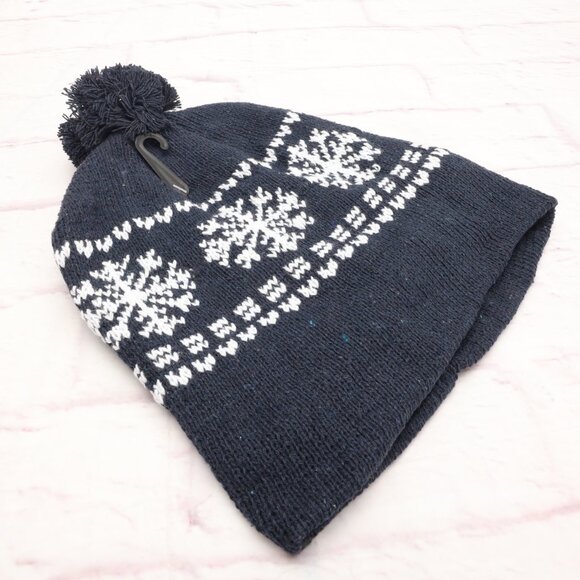 Chapeau Snowflake Winter Ski Beanie Hat Navy White Fleece Lined W/Top Pom - Picture 8 of 9